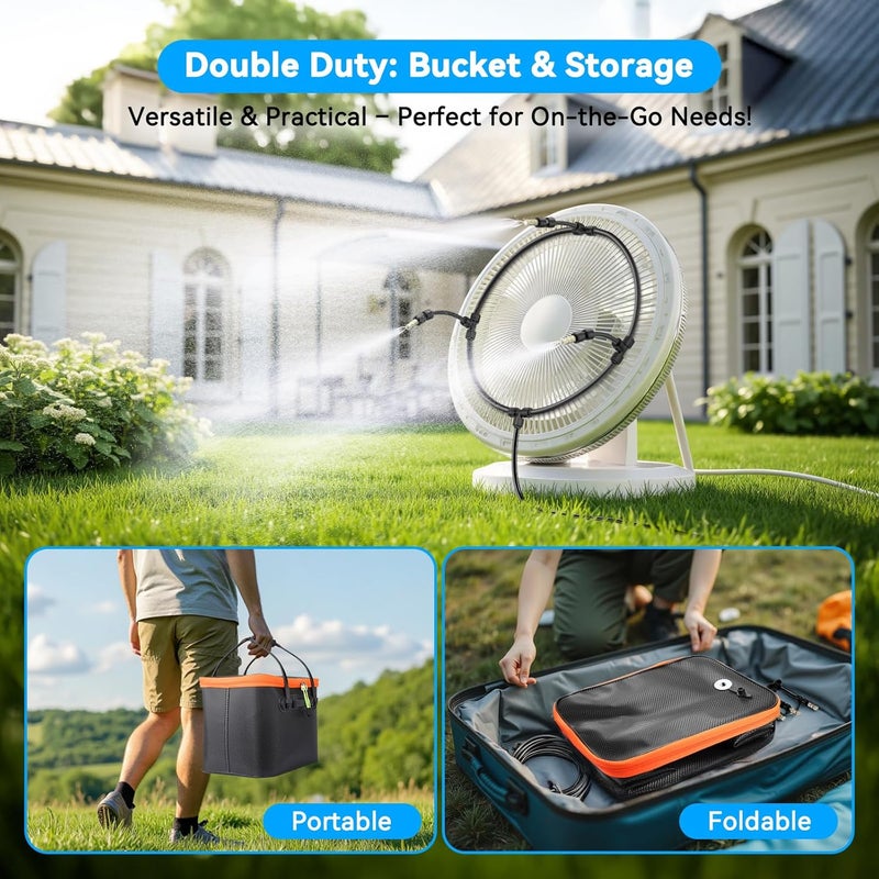 Ausic Portable Misting Systems, Outdoor Water Cooling Misters Set with 6000mAh Water Pump, 20L Bucket, 26FT (8M) Hose, 6*Nozzles, 10*Clips/Ties for Patio/Umbrella/Pasture/Greenhouse/Canopy/Camping - Image 3